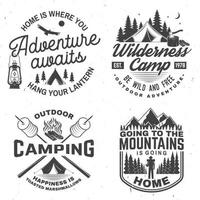 Happy camper. Vector. Concept for shirt or logo, print, stamp. Vintage design with lantern, camping tent, campfire, forest cabin, sweet marshmallows on stick, mountain and forest silhouette. vector