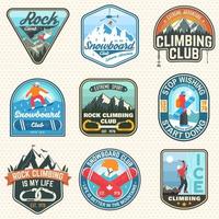 Set of Snowboarding and Rock Climbing club patches. Vector. Concept for patch, shirt, print, stamp. Vintage typography design with snowboarder, climber and mountain silhouette. Extreme sport. vector