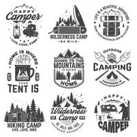 Set of Happy camper outdoor adventure symbol. Vector. Concept for shirt or logo, print, stamp. Vintage design with lantern, camping tent, campfire, bear, man with guitar and forest silhouette. vector