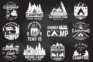 Summer camp. Vector illustration. Concept for shirt or patch, print, stamp. Vintage typography design with rv trailer, camping tent, campfire, bear, man with guitar and forest silhouette.