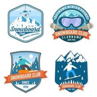 Set of Snowboard Club patches. Vector. Concept for patch, shirt, print, stamp or tee. Vintage typography design with snowboarder and mountain silhouette. Extreme sport. vector