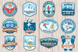 Set of Snowboard Club patches. Vector. Concept for patch, shirt, print, stamp or tee. Vintage typography design with snowboarder and mountain silhouette. Extreme sport. vector