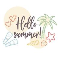 hola tarjeta de verano con letras y palmera vector