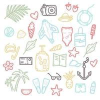 Summer travel and holidays colored doodle set vector illustration