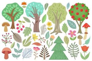 forest trees and plants collection, isolated on white background, botanical set with mushrooms, flowers, berries, leaves, trees, branches vector illustration.