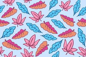 hojas de colores de patrones sin fisuras. ilustraciones de hojas vectoriales vibrantes en colores rosa, púrpura y azul, repitiendo patrones sin fisuras para su diseño de impresión. vector