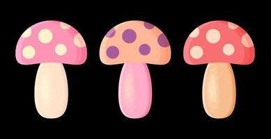 Mushrooms vector illustration set. Collection of colorful dotted mushrooms icons, isolated on a black background.