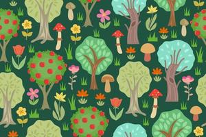 Seamless pattern with trees, flowers and mushrooms. Cartoon forest repeating vector pattern, for any design project
