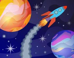Rocket in a space, vector cartoon illustration, Blue rocket in a space between planets, flying in front of stars and nebula. Spaceship in a galaxy, fantasy world illustration