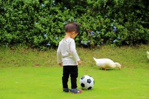 bebé jugando al fútbol en el parque tiene un pato caminando. niño jugando al fútbol.