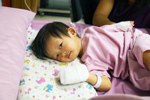 Asian baby is running a fever then admitted to the hospital and got IV tube with pad in hands to protect the medicate needle. photo