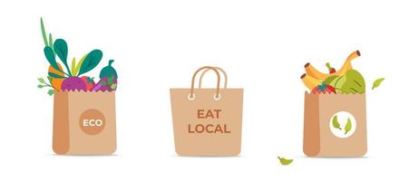 Vector set of grocery paper bags with food design
