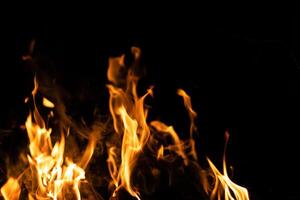 Fire flames on a black background. Abstract fiery texture. Realistic fire flames burn movement frame. Texture for Design. The texture of fire. Fire flames background.Blazing campfire. Sensitive focus. photo