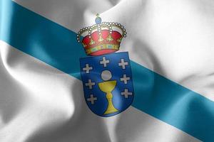 3D illustration flag of Galicia is a region of Spain. Waving on photo