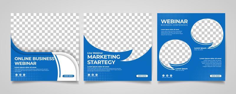 set of social media templates. used for Business Webinars, Marketing Webinars, online class programs and other seminars on a blue and white background.