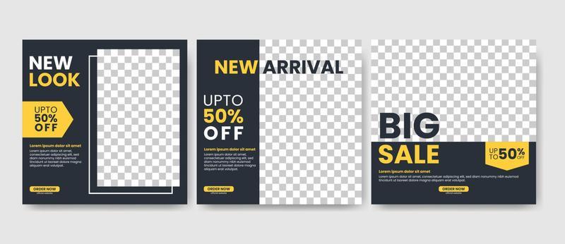 Set of Editable minimal square banner template. Suitable for social media post and web internet ads. black and yellow color background.