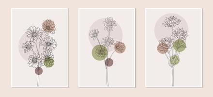 Set of flower hand drawn vector art. Pastel color boho flower line art drawing with abstract outline shape. Abstract flower art design for print, cover, wallpaper, minimal wall art and natural.