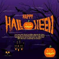 Happy Halloween poster, dark night full moon, skull and black bat. Vector horror trick or Halloween holiday greeting card