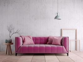 Vintage industrial style living room with purple sofa,wood floor,ceiling lamp and grunge white wall background.3d rendering photo