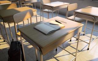 Tables and chairs in the classroom with notebook,pencil and ruler.3d rendering photo