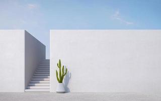 Empty concrete wall with stair,cactus and blue sky.Minimal style architecture.3d rendering photo