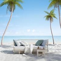Sofa on sand beach with palm.Concept for vacation and relaxation.3d rendering photo