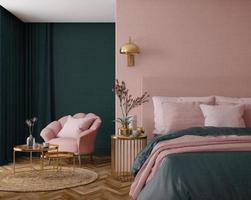 dormitorio interior.estilo art deco.diseño con color verde rosa y dorado.representación 3d foto
