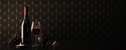 vino.botella y copa de vino tinto con uvas.representación 3d foto