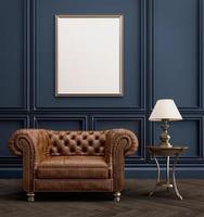 Classic style interior.Leather armchair with lamp,blank picture frame and blue wall.3d rendering photo