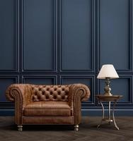 Classic style interior.Leather armchair with lamp and blue wall.3d rendering