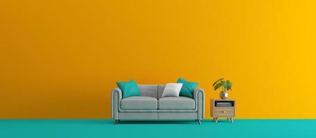 diseño de interiores concepto minimalista con color azul y amarillo representación 3d