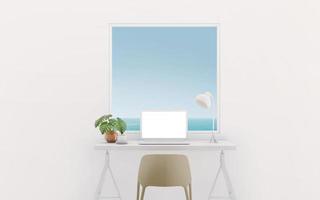 Table with laptop mock up in white room.Sea view from window with blue sky.3d rendering photo