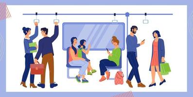 Subway or underground train car interior with commuting passengers cartoon characters. People in urban railway transport carriage. City vehicle and transportation. Flat vector illustration isolated.