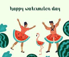 Watermelon day and summer party invitation, card or poster design with fancy dancers, flat vector. Watermelon day banner template.