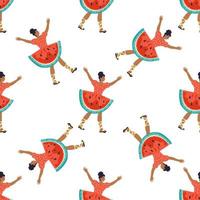 Seamless decorative pattern with woman in watermelon dress, vector. Repeatable design for Watermelon day and summer party. vector