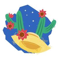 Festa Junina emblem or label with straw hat and cactus. Festa junina greeting card or party poster decorative colorful element, flat vector illustration isolated on white background.