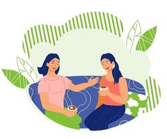 Friend girls two women drinking coffee and chatting lively. Leisure time at home and friendly communication, people relationships and friendship. Flat vector illustration isolated.