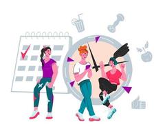 Healthy lifestyle and fitness workout planning banner with women characters. Diet menu and weight control application interface or onboarding page design. Flat vector illustration.