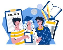 WebGraduates with diploma signing employment contract. Banner for recruitment agency and educational programs of universities or colleges with students getting job offer, flat vector isolated.