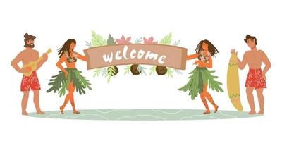 banner de bienvenida de verano o plantilla de póster con bailarines hawaianos. invitación a una fiesta en la playa tropical o fondo de carteles con hojas y personajes de personas. ilustración vectorial plana aislada. vector