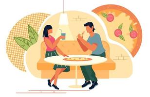 Couple in Pizzeria or fast food restaurant enjoying dinner and communication. Italian cuisine cafe or street cafeteria and people cartoon characters. Cookery and eating out. Flat vector illustration.