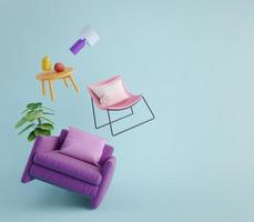 Furniture flying in blue background.Living room furniture.Concept for home decor advertising.3d rendering photo