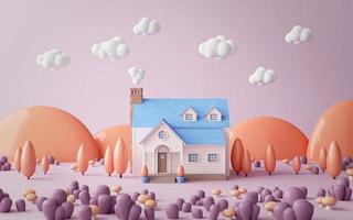 linda casa de campo en el bosque con color pastel.3d renderizado foto