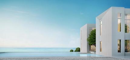 Sea view.Modern architecture with swimming pool and blue sky.Concept for vacation home or hotel.3d rendering photo