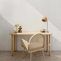 Working table mockup with wooden chair,table lamp and cactus in white room.3d rendering photo