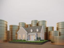 House and coins.Real estate or property investment.Home mortgage loan rate.Buying a house concept.3d rendering photo