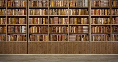 Panorama old books on wooden shelf in book shop or library.3d rendering photo