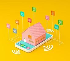 Smart home pastel color. Concept of house technology system with wireless centralized control on yellow background. Isometric 3d rendering photo