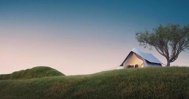 Camping.Evening scence.Tent under the big tree on a meadow,hill,mountains.3d rendering photo