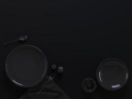 Top view of empty dish with spoon and folk in black color.Design for food and dessert concept.3d rendering photo